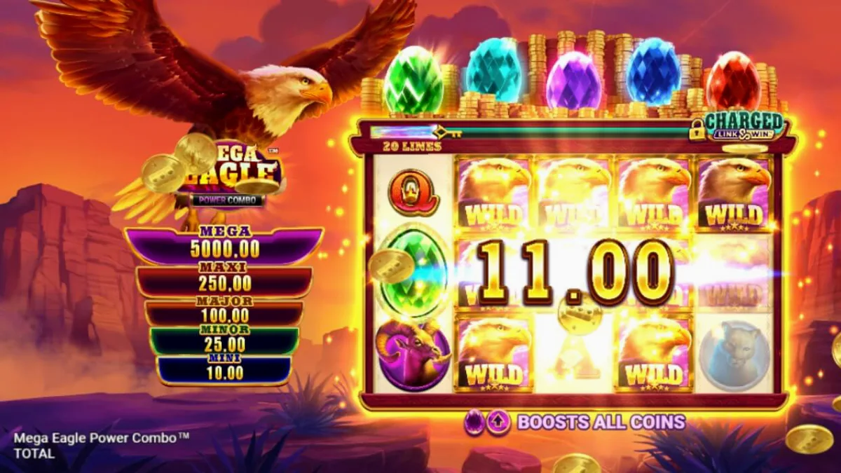 Giao diện trò chơi Mega Eagle Power Combo với hình ảnh đại bàng và thiên nhiên hoang dã