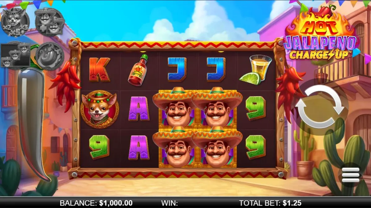 Giao diện trò chơi slot Hot Jalapeño Charge Up với các biểu tượng lễ hội Mexico rực rỡ