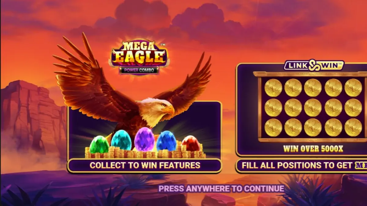 Giao diện trò chơi slot Mega Eagle Power Combo với hình ảnh núi non và đại bàng