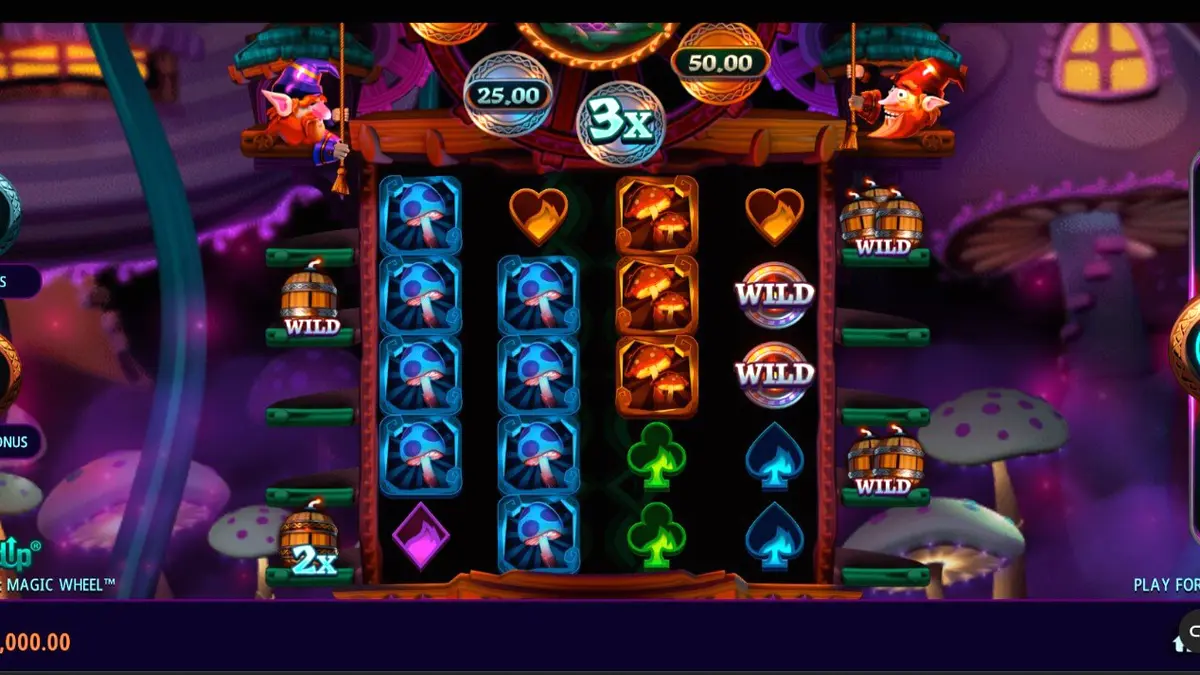 Giao diện trò chơi Fire Gnomes 2 Magic Wheel với các biểu tượng nấm và chú lùn ma thuật